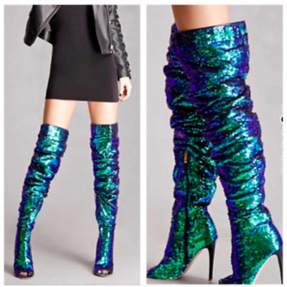 Mermaid Sequin Thigh High Peep Toe Stiletto Boot